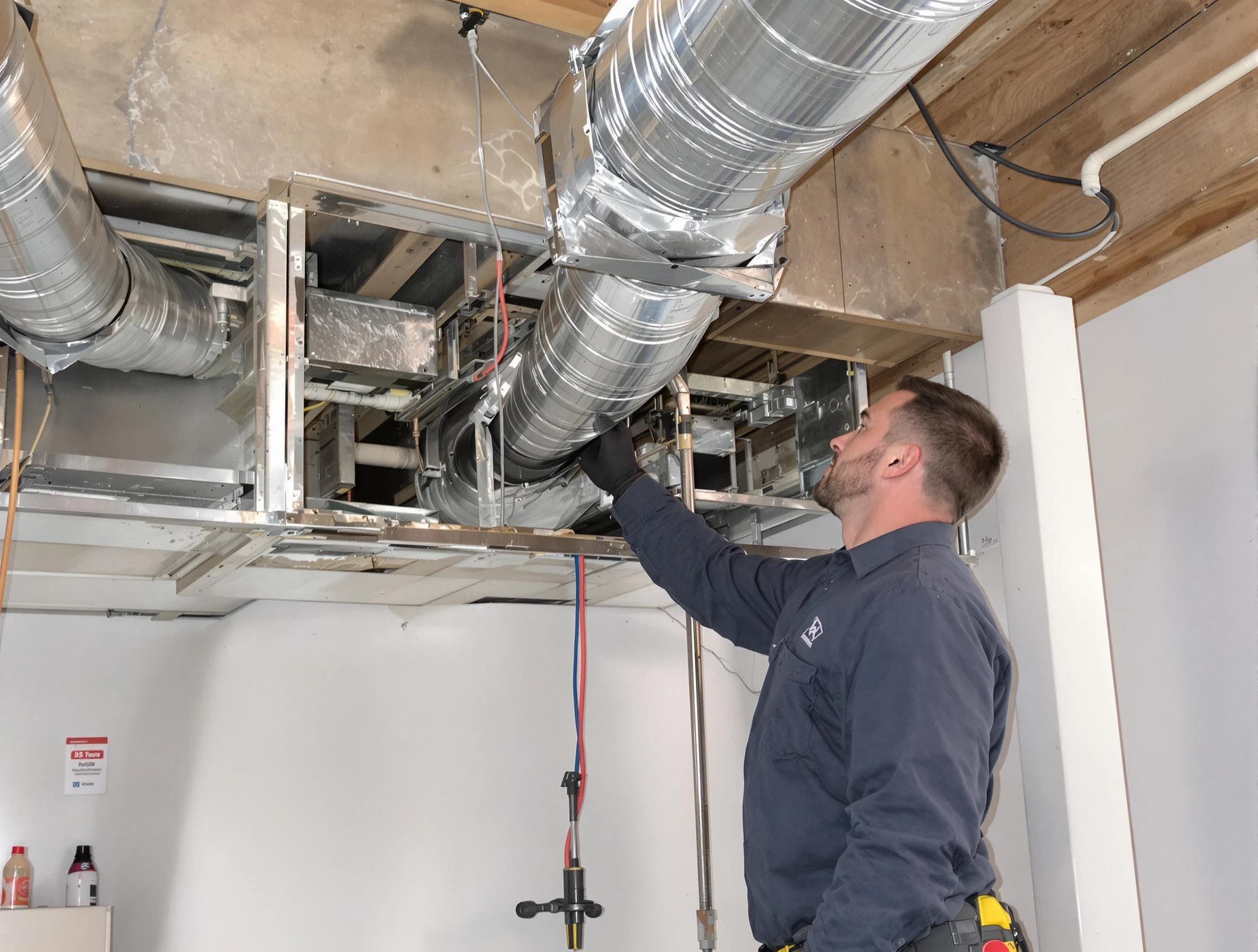 Weymouth Air Duct Cleaning technician performing professional air duct repair using specialized tools in Weymouth